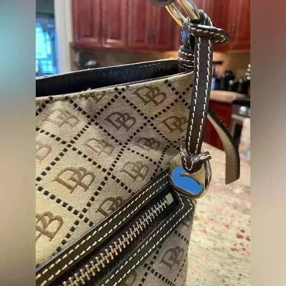 Dooney & Bourke Tan/Brown Jacquard DB Monogram Y2K Hobo Leather Shoulder Bag